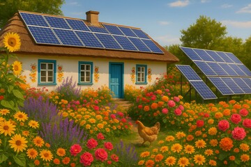 Sustainable Rural Home with Solar Power and Abundant Flower Garden (AI Generated)