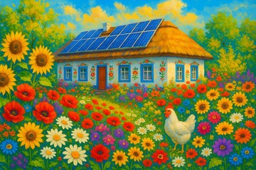 Sustainable Rural Home with Solar Power and Abundant Flower Garden (AI Generated)