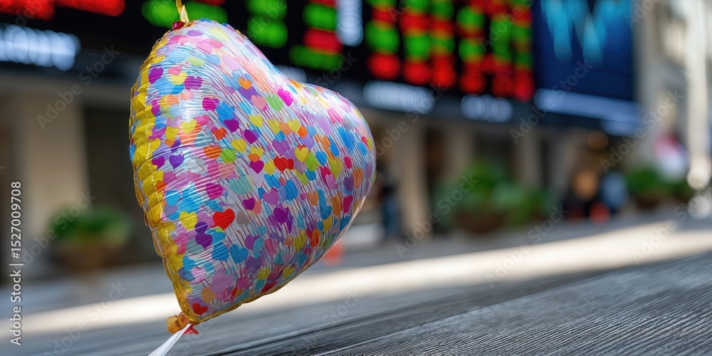 Aufkleber Heart-Shaped Balloon Floating in Front of Stock Market Ticker, Symbolizing Financial Optimism and Investment Opportunities With a Touch of Celebration : Generative AI