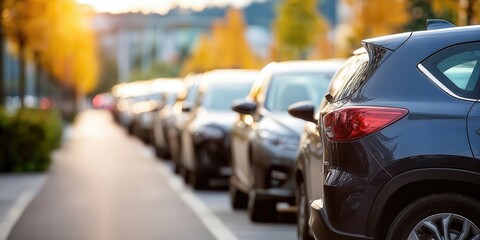 Row of Parked Cars on City Street at Sunset, Showcasing Automotive Industry and Transportation Options for Commuting and Travel : Generative AI