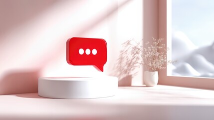 Red Speech Bubble on White Pedestal in Soft Pink Room, Symbolizing Communication and Social Media Marketing : Generative AI