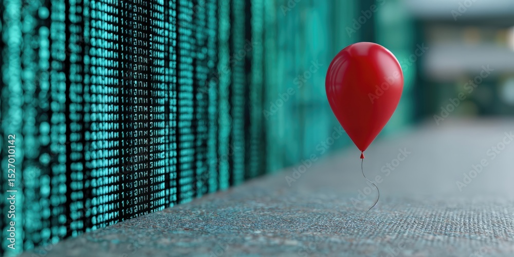 Fototapete Red Balloon Against a Wall of Binary Code, Representing Data Breach and Cybersecurity Vulnerability for IT Solutions and Risk Management : Generative AI