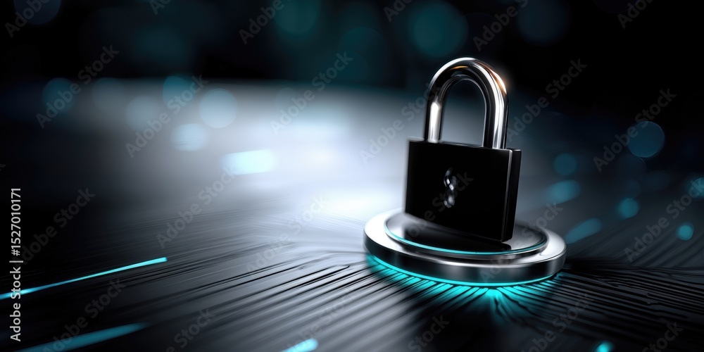 Poster Padlock on Circuit Board With Blue Light, Representing Cyber Security and Data Protection for Digital Transformation Initiatives : Generative AI