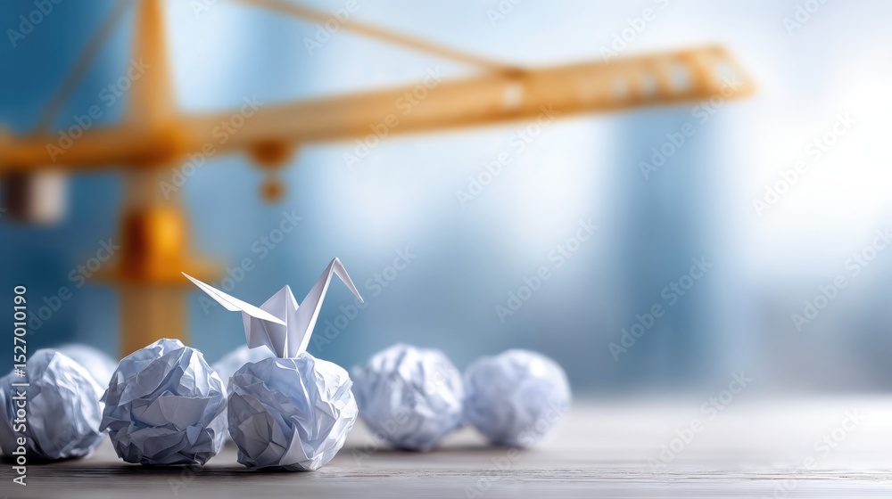 Poster paper crane standing on crumpled paper balls with a construction crane in the background, representi
