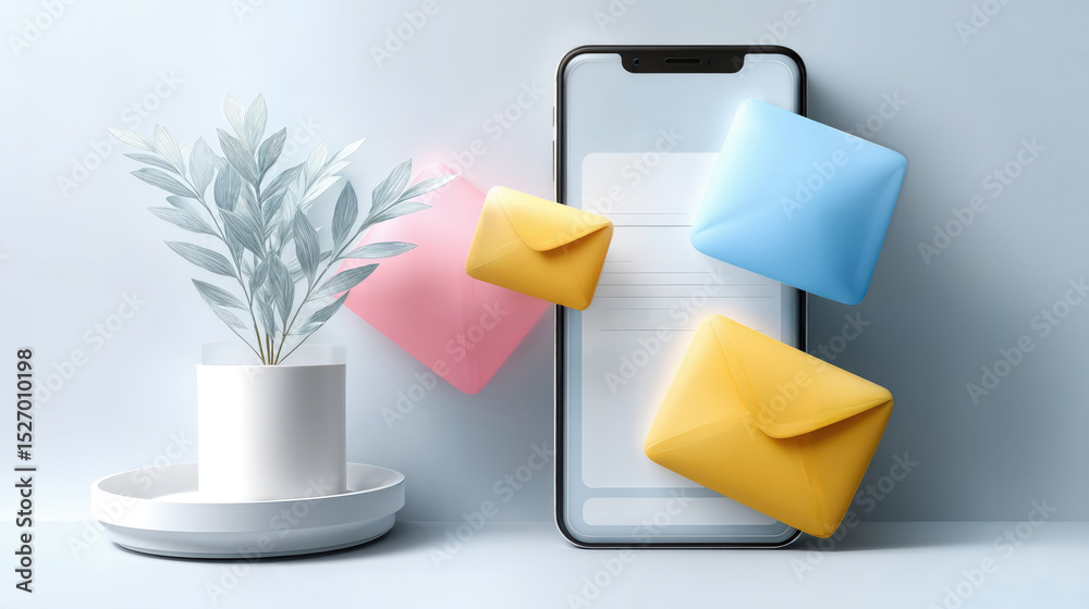 Aufkleber Smartphone Displaying Email Notifications With Colorful Envelopes and Plant, Illustrating Digital Communication and Modern Technology : Generative AI