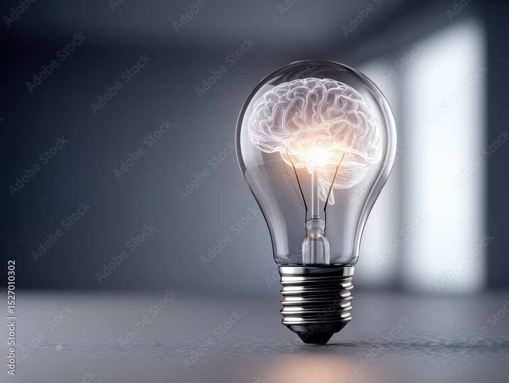 Aufkleber Glowing Brain Inside a Light Bulb on a Reflective Surface, Illustrating Innovation and Artificial Intelligence, Ideal for Technology and Brainstorming Concepts : Generative AI