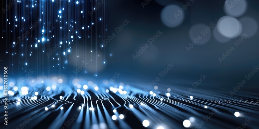 Poster glowing blue light streaks flowing across a dark surface, representing digital transformation and te