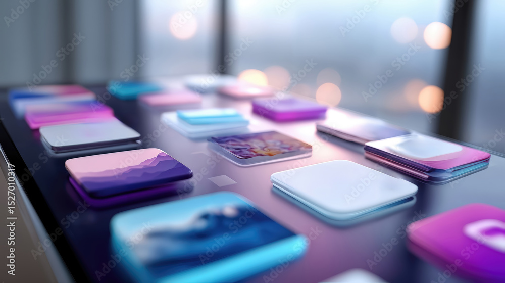 Poster Close-Up of App Icons on a Glassy Surface, Representing Digital Transformation and Mobile Technology, Ideal for Software Development and Innovation : Generative AI