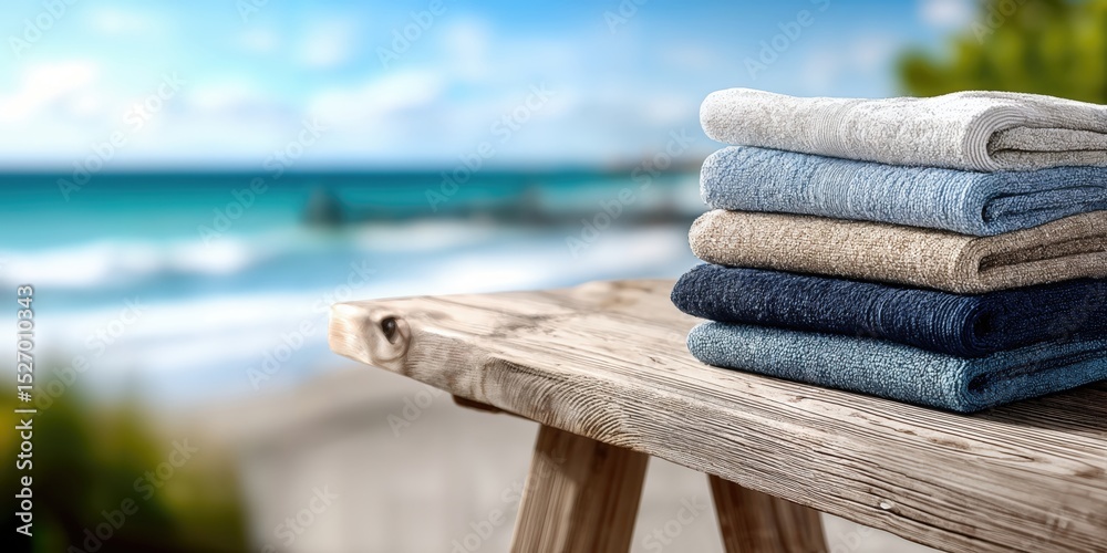 Poster stack of folded towels on wooden table with ocean view, showcasing relaxation and vacation getaway :