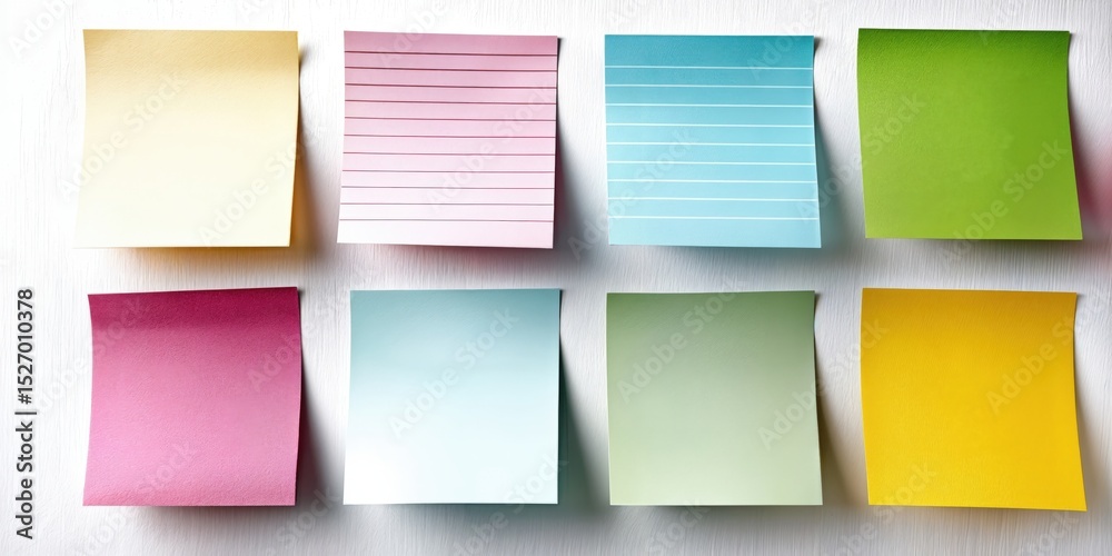Poster colorful sticky notes on white wood, representing organization and reminders for project management 