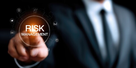 Obraz premium Businessman Touching Risk Management Interface, Representing Financial Strategy and Corporate Governance in Business Consulting : Generative AI