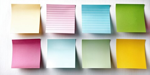 Naklejka premium Colorful Sticky Notes on White Wood, Representing Organization and Reminders for Project Management and Creative Brainstorming Sessions, Perfect for Office Communication : Generative AI