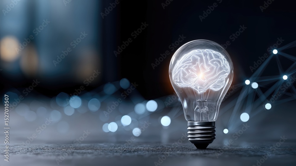 Poster Glowing Brain Inside Lightbulb on Table, Symbolizing Innovation and Artificial Intelligence for Business Solutions : Generative AI