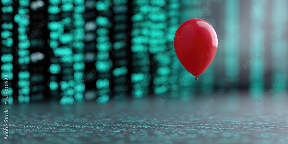Fototapete Red Balloon Floating in a Digital Matrix, Representing Data Breach and Cybersecurity Vulnerability, Ideal for Technology and Risk Management Campaigns : Generative AI