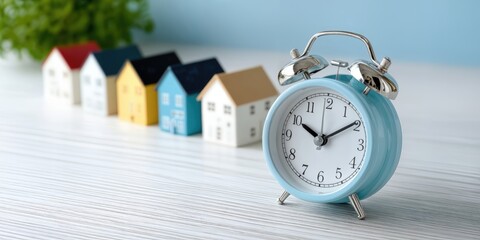 Alarm Clock and Miniature Houses on a Table, Illustrating Real Estate Investment Opportunities and Homeownership Dreams : Generative AI