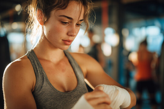 Female boxer wrapping hands in gym