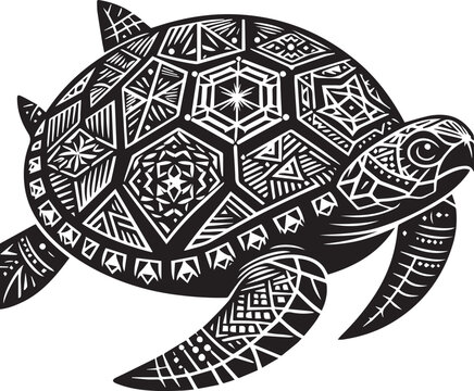 Black vector turtle with geometric shell pattern.