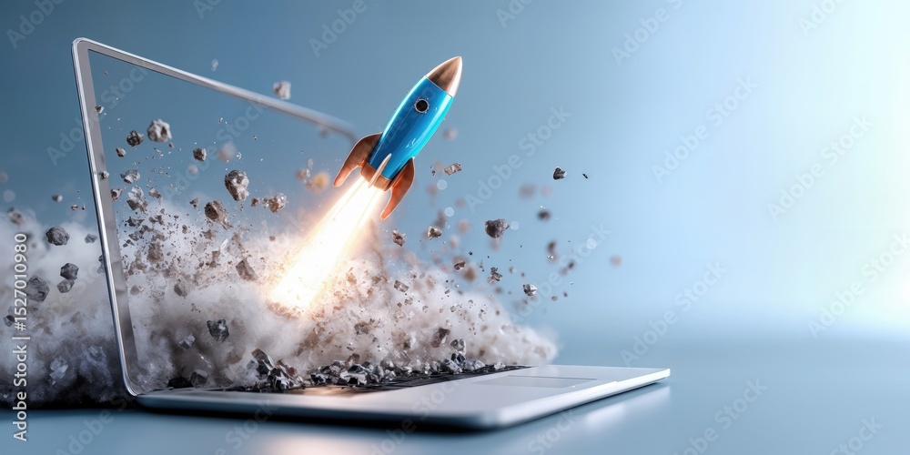 Aufkleber Rocket Launching From Laptop Screen With Debris, Representing Business Startup and Technological Innovation in E-Commerce : Generative AI
