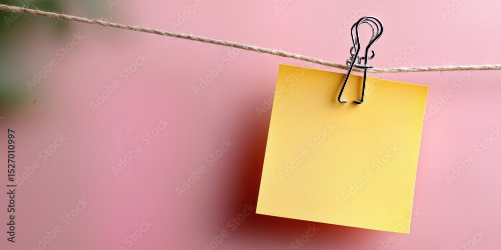 Poster yellow sticky note hanging on string with clothespin against pink backdrop, illustrating organizatio