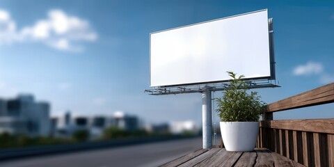 Fototapeta premium Blank Billboard Against Blue Sky, Perfect for Outdoor Advertising and Brand Awareness, With Plant on Wooden Bench for Sustainability Campaign : Generative AI