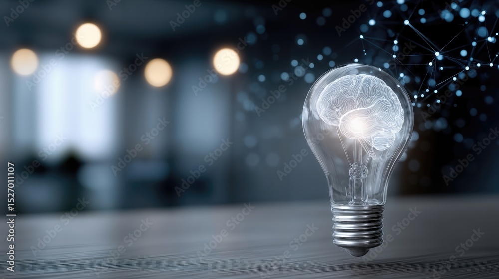 Aufkleber Light Bulb With Brain Inside and Network Connections, Symbolizing Innovation and Creative Thinking for Business Solutions and Technological Advancement : Generative AI