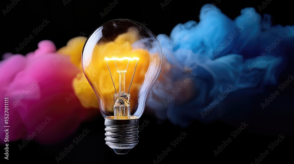 Poster glowing lightbulb surrounded by colorful smoke against black backdrop, symbolizing innovation and cr