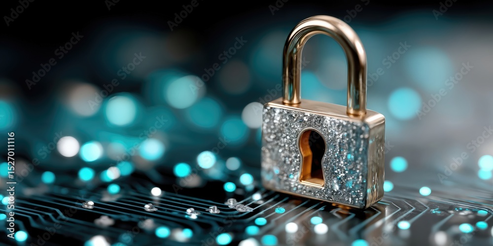 Poster golden padlock on circuit board under teal lights, symbolizing data protection and cybersecurity sol