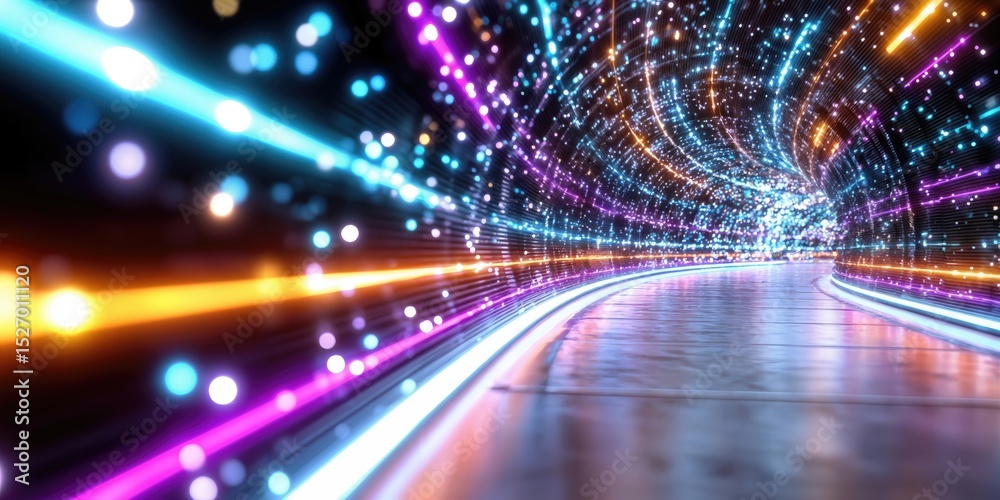Aufkleber Abstract Light Tunnel With Glowing Particles, Representing Digital Transformation and Technological Advancement in Telecommunications and Data Transmission : Generative AI