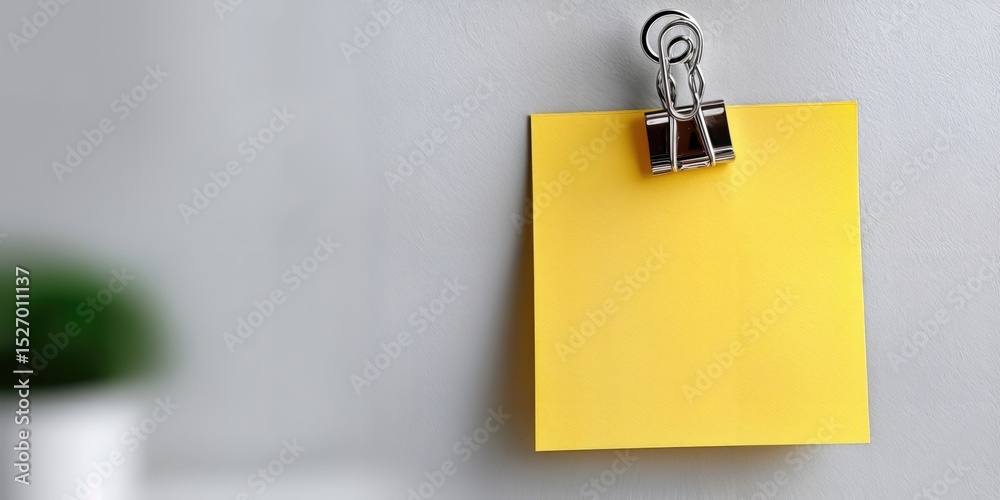 Poster yellow sticky note hanging on wall with clip, ideal for reminders and project management, representi