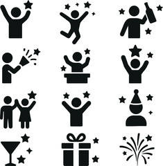 Solid celebration and party icons featuring people with stars, drinks, gifts and fireworks. Great for festive and fun-themed designs.