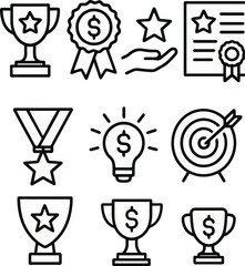 Business-oriented icon pack with trophies, money symbols, targets and ribbons. Great for visuals focused on financial success and performance.