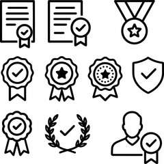 Clean outline icons of awards, ribbons, certificates and shields with check marks, ideal for quality, certification, and trust visuals.