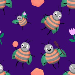 Kids seamless bee pattern for fabrics and packaging and gifts and cards and linens and wrapping paper
