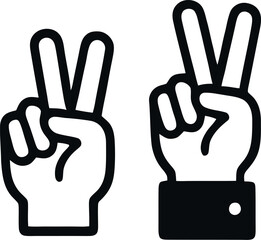 Victory hand gesture icon set in outline and solid style. Represents success, peace, approval, and communication in a modern minimal design.