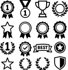 Bold icon pack of ribbons, trophies, laurels, shields and badges. Designed for highlighting performance, trust, and recognition.