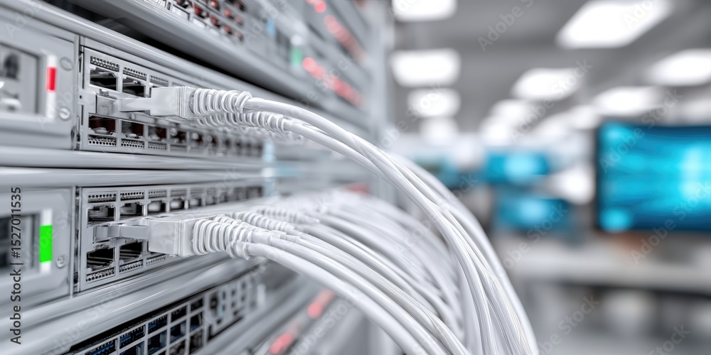 Aufkleber Network Cables Connected to Servers in Data Center, Illustrating Connectivity and Digital Infrastructure for Business Technology Solutions : Generative AI