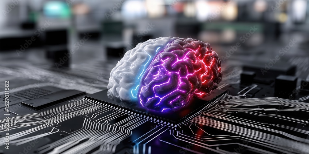 Poster Glowing Brain on Circuit Board, Representing Artificial Intelligence and Technological Advancement in Healthcare and Scientific Research, Innovation and Progress : Generative AI