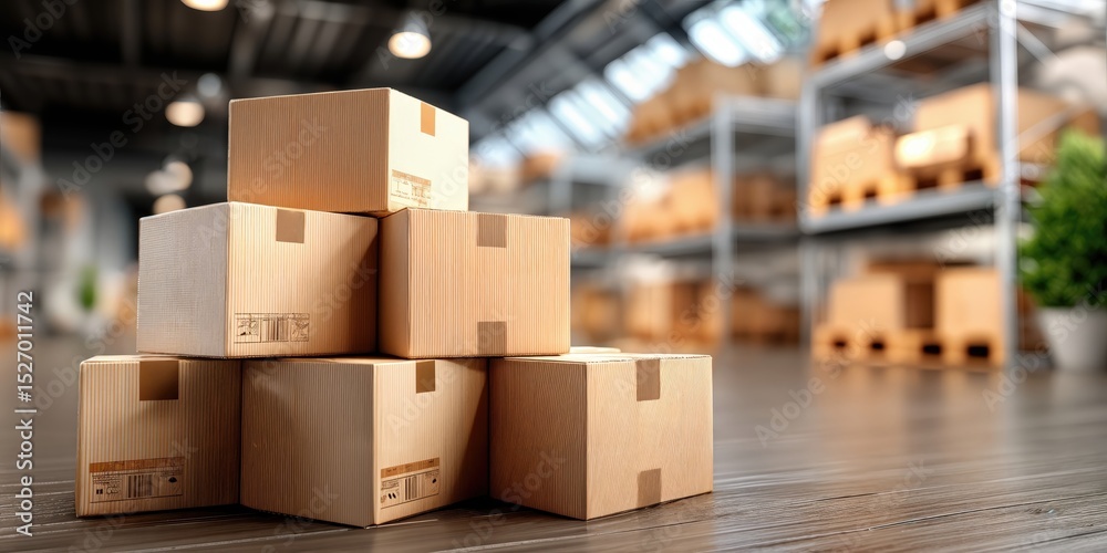 Poster stacked cardboard boxes in warehouse aisle, representing supply chain efficiency and logistics manag