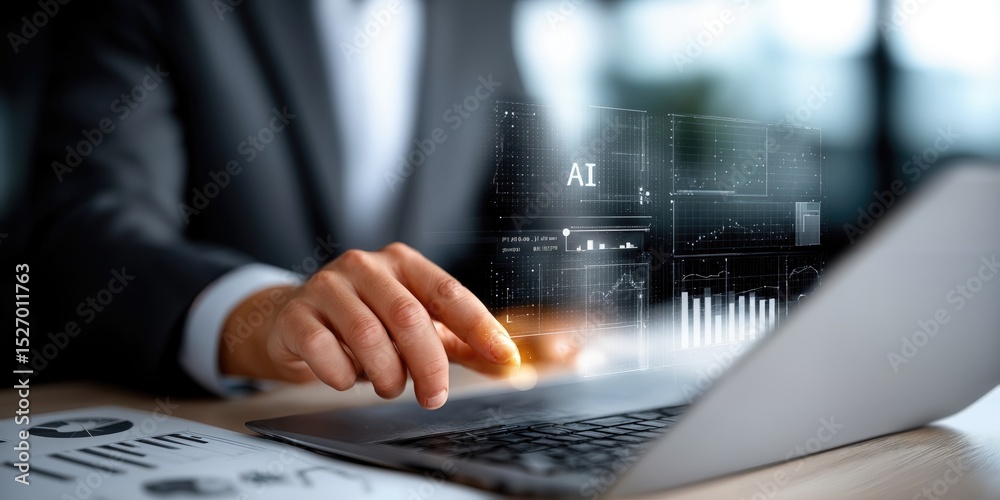 Aufkleber Hand Touching Laptop Screen Displaying AI Data Charts, Representing Digital Transformation and Technological Innovation in Business Analytics : Generative AI