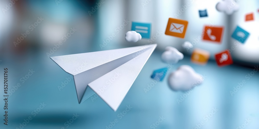 Poster Paper Airplane Flying Through App Icons and Clouds, Symbolizing Digital Communication and Global Connectivity for Business Networking : Generative AI