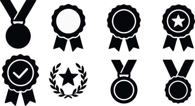 Solid award icon set with medals, badges and laurel wreaths. Great for showcasing excellence, ranking, and recognition visuals.