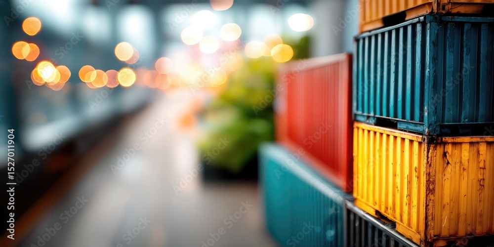 Poster Stacked Shipping Containers in Warehouse Setting, Illustrating Global Trade and Supply Chain Management, With Bokeh Lights in Background : Generative AI