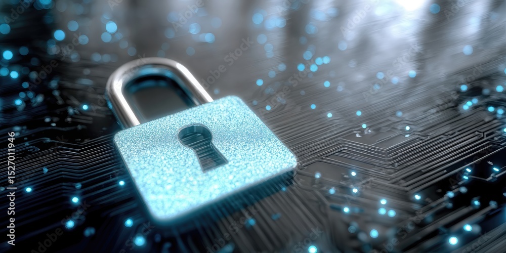 Aufkleber Glowing Padlock on Circuit Board Background, Illustrating Cybersecurity and Data Protection for Network Security Solutions and Technology Innovation : Generative AI