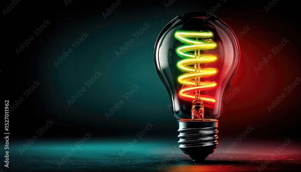 Fototapete Glowing Light Bulb With Colorful Filament on Dark Background, Symbolizing Innovation and Creative Thinking for Business Development and Problem Solving : Generative AI