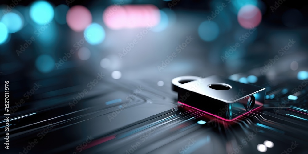 Poster Padlock on Circuit Board With Bokeh Lights, Symbolizing Cybersecurity and Data Protection for Business Continuity Planning and Risk Management : Generative AI