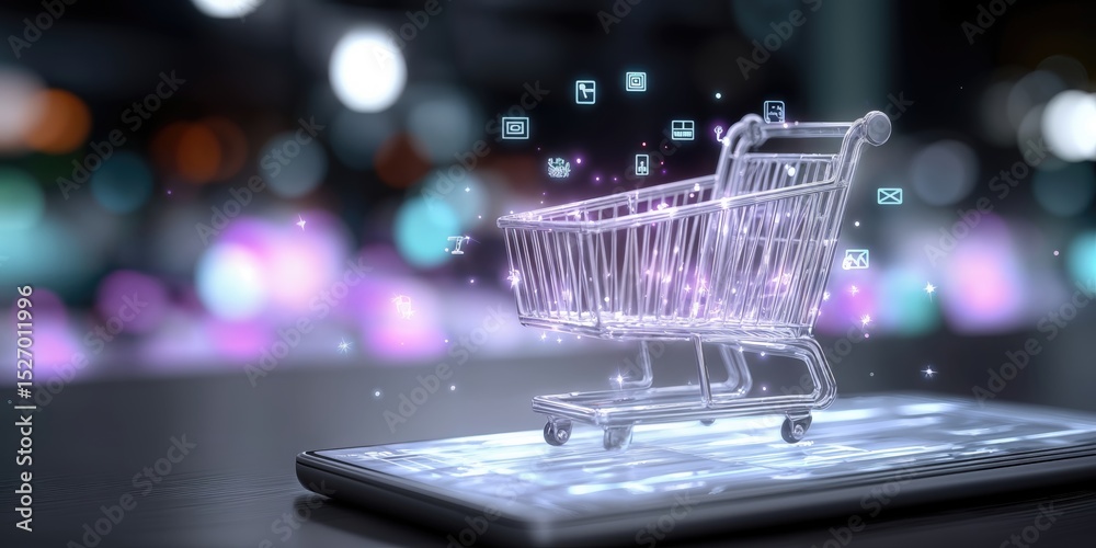 Aufkleber shopping cart on smartphone display with glowing icons, representing e-commerce and digital transfor