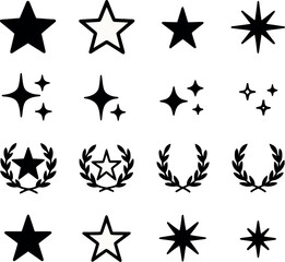 Black star icons, sparkles and laurel wreaths in various styles. Great for visuals of quality, elegance, achievement and celebration.