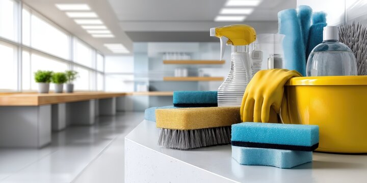 Cleaning Supplies Arranged on Counter in Bright Room, Showcasing Hygiene and Sanitation for Health and Wellness Campaigns : Generative AI