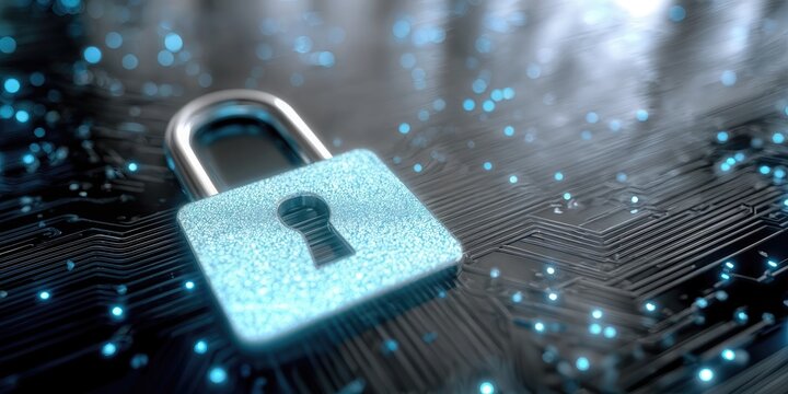 Glowing Padlock on Circuit Board Background, Illustrating Cybersecurity and Data Protection for Network Security Solutions and Technology Innovation : Generative AI