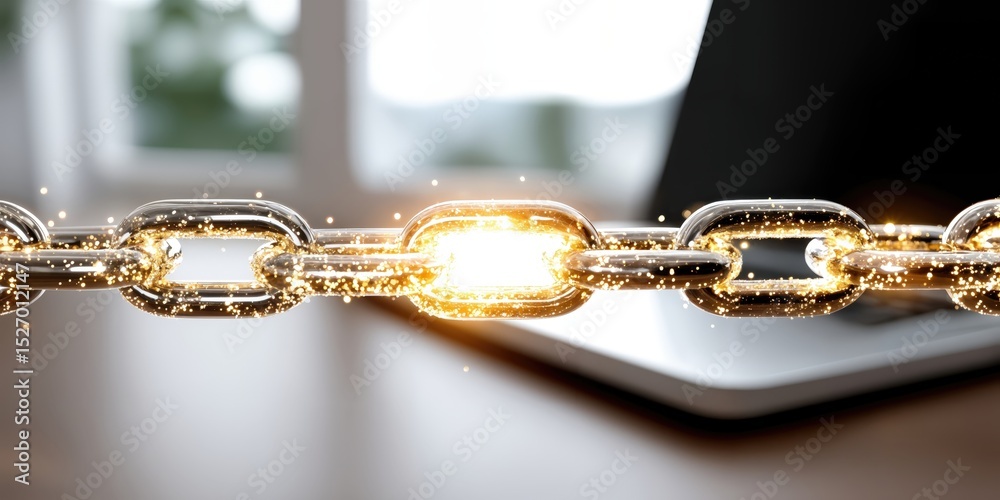 Poster Glowing Chain Link on Laptop, Symbolizing Blockchain Technology and Secure Connection for Digital Transformation and Cybersecurity Solutions : Generative AI